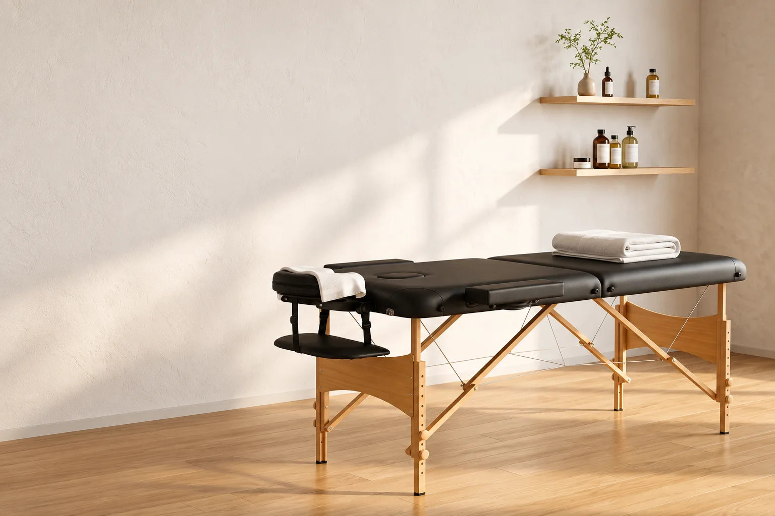 Table de massage noire et bois dans un espace de soin lumineux, mise en ambiance
